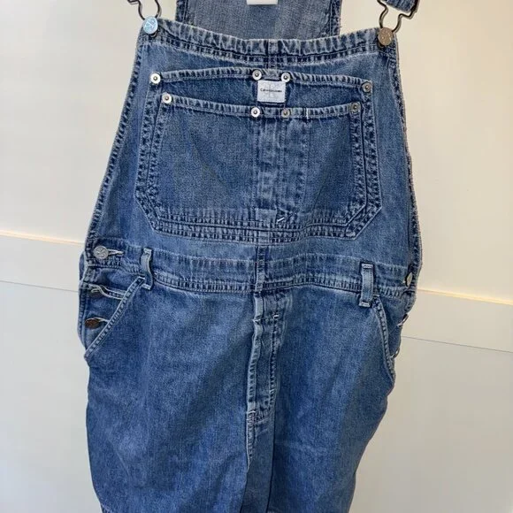 Vintage Calvin Klein Bib Overalls Shorts Jeans Denim Womens L Double Stone Wash - Picture 2 of 16
